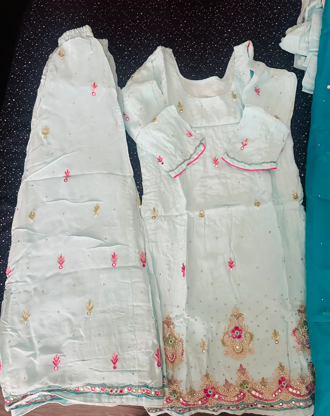 Light Blue Embroidered Salwar Kameez with Dupatta and sarara