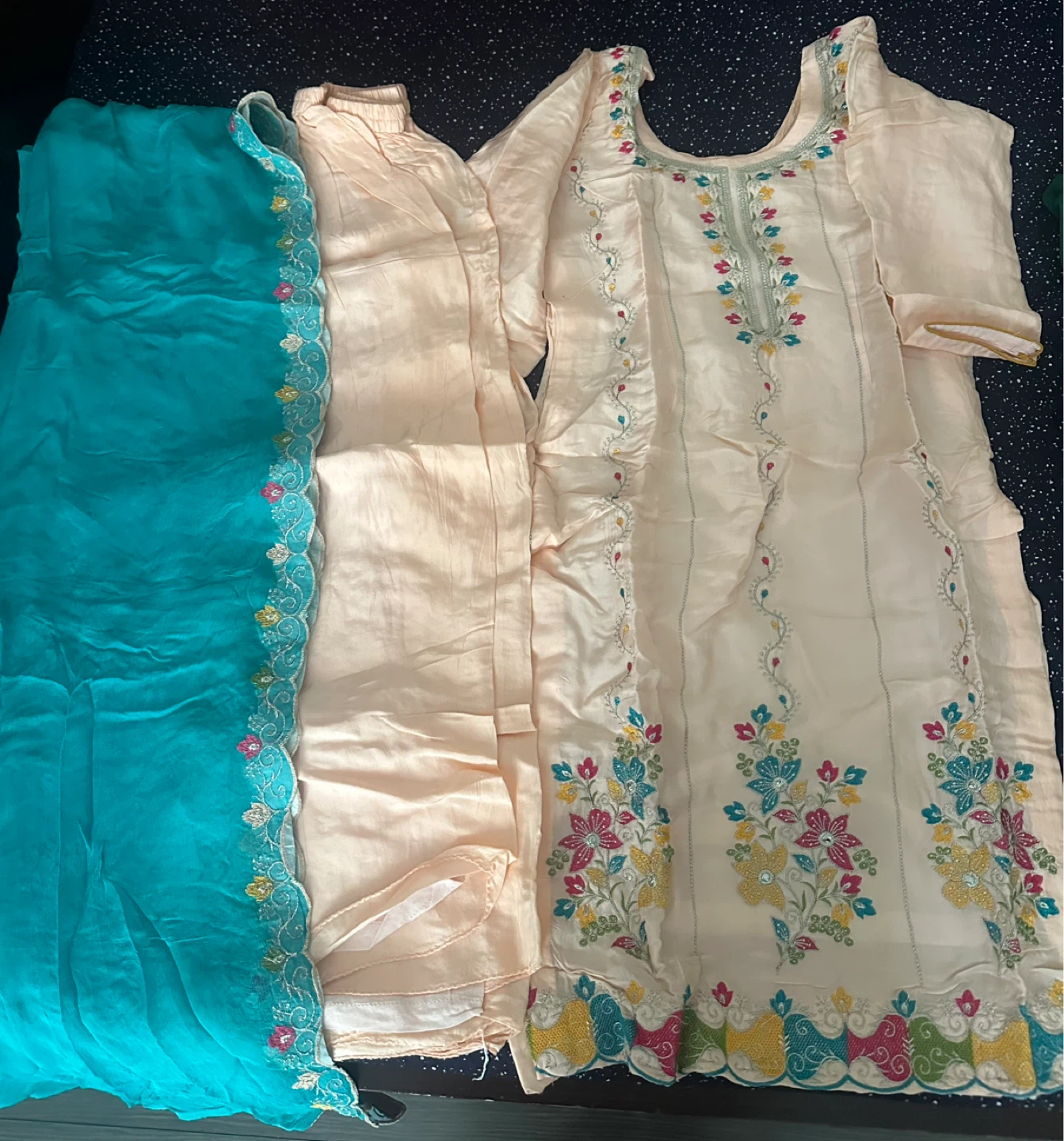 Embroidered Peach and Teal 3-Piece Salwar Kameez