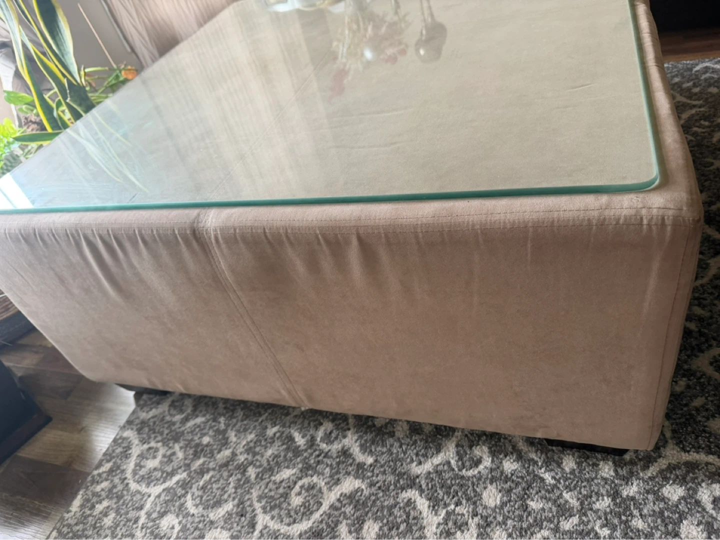 Upholstered Ottoman with Glass Top Coffee Table