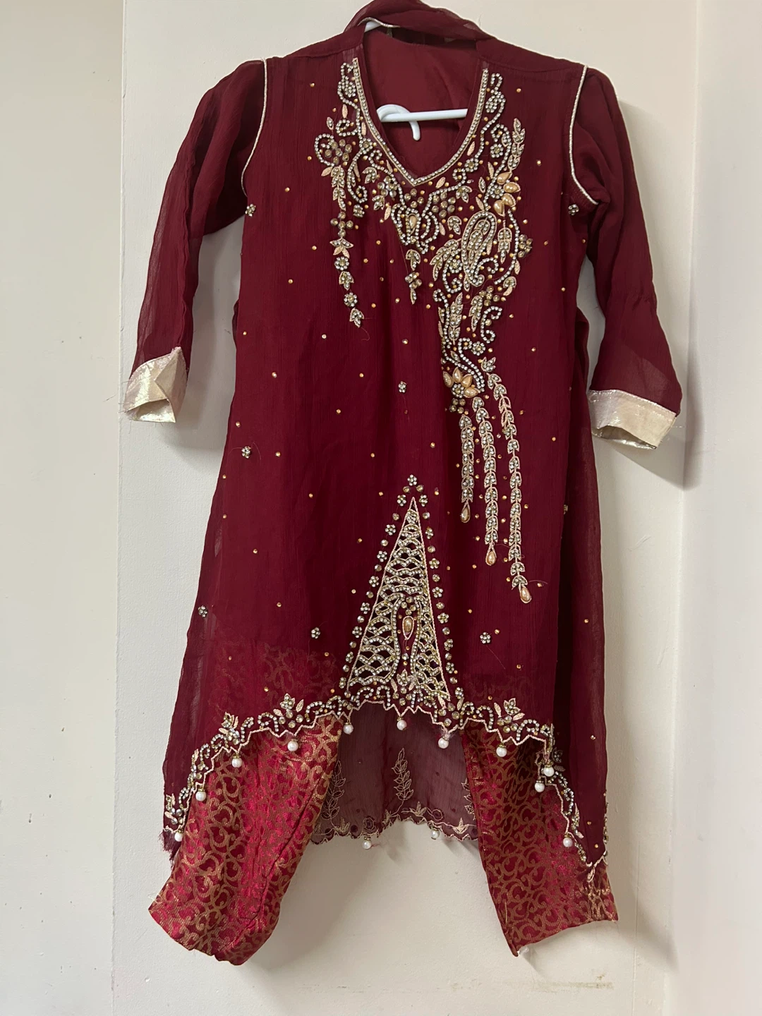 Embellished Burgundy Kurti (3 Piece)