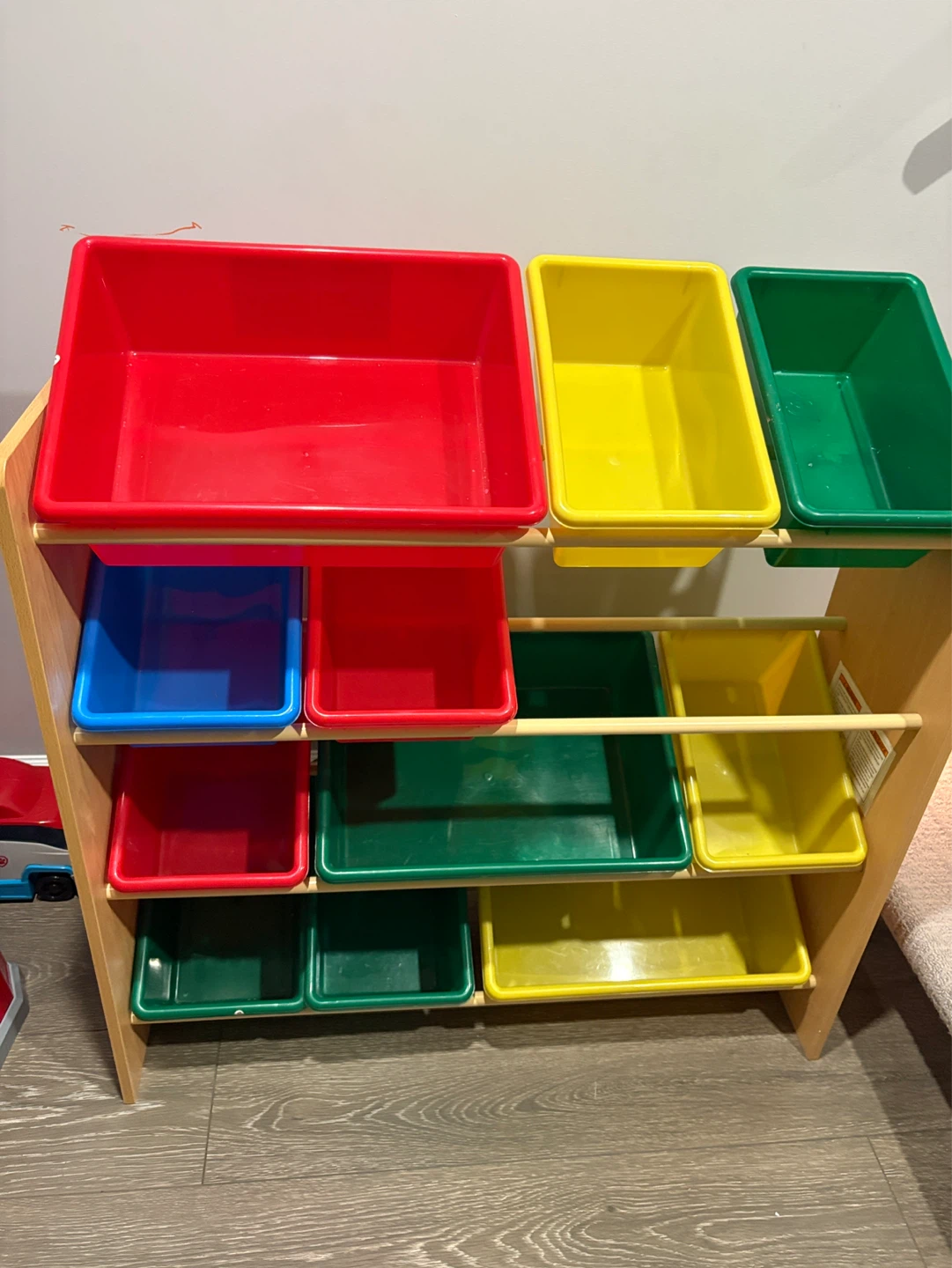 Wooden Toy Storage Organizer with Colorful Bins