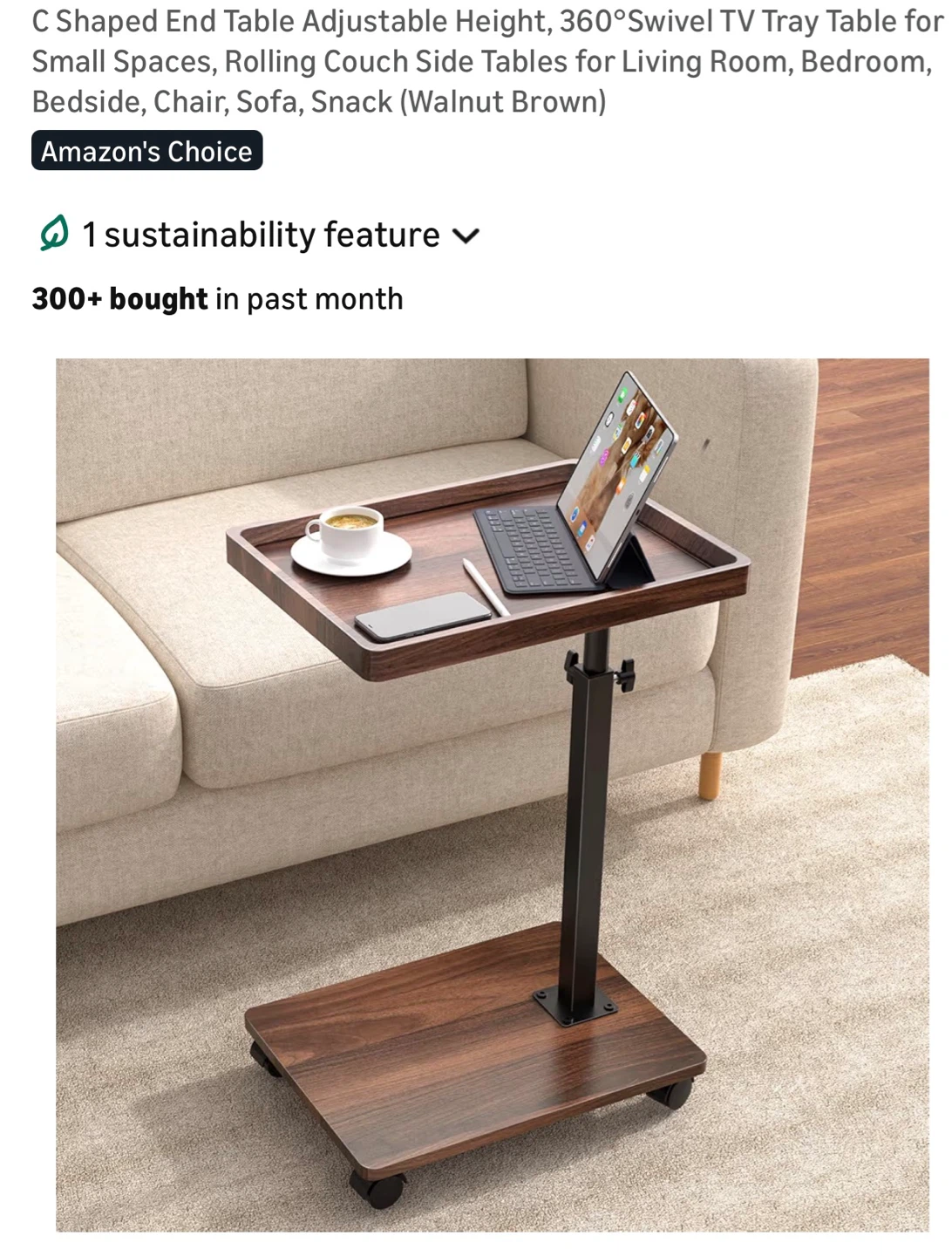 Adjustable Height Rolling TV Tray Table - Walnut Brown 2HR