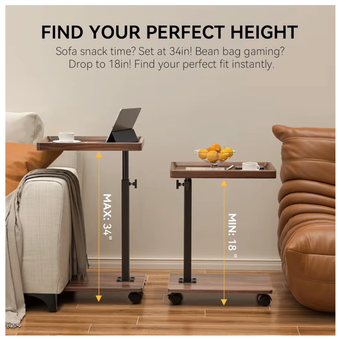 Adjustable Height Rolling TV Tray Table - Walnut Brown 2HR - photo 4
