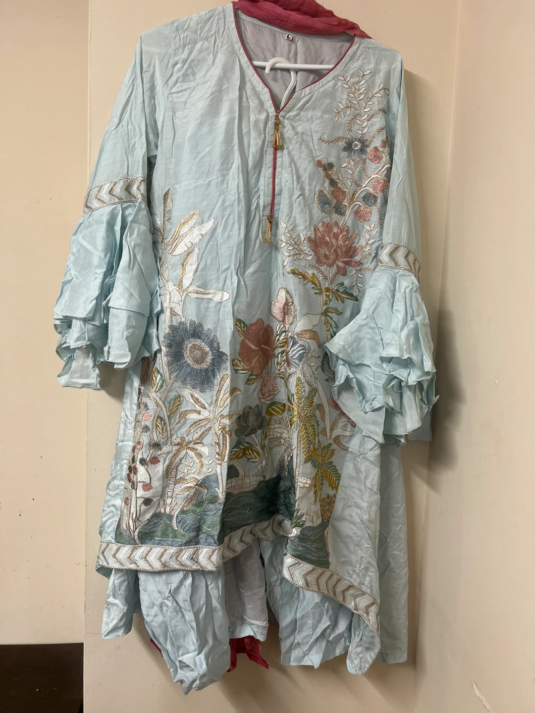 Light Blue Embroidered Kameez with Pink Scarf