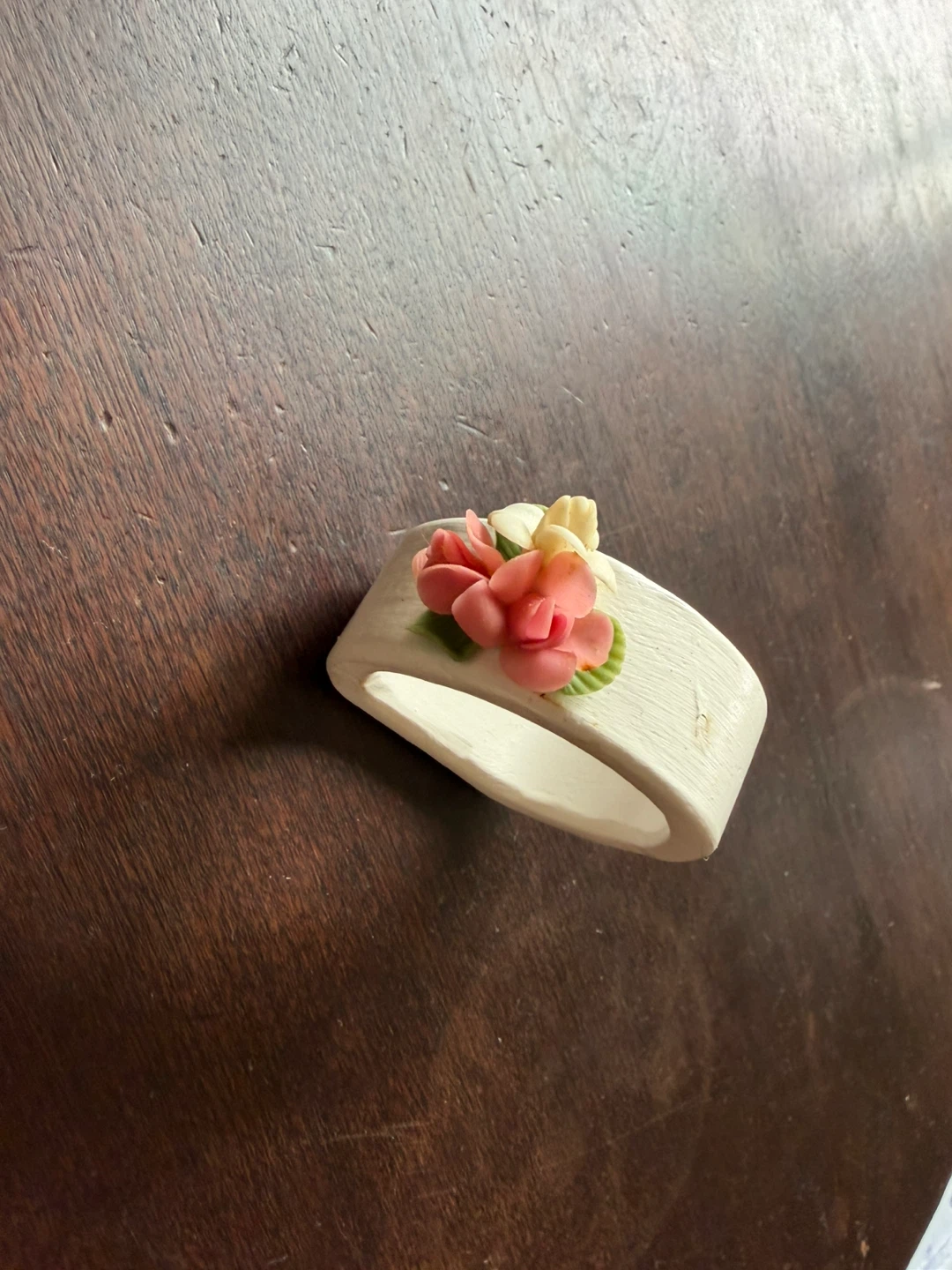 24 Handmade Belgian White Ceramic Napkin Ring with Pink Roses