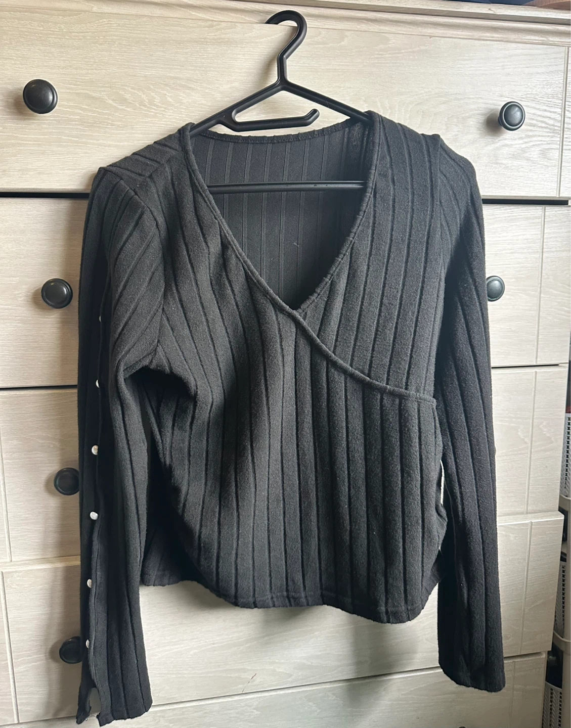 Black Ribbed Wrap Top with Button Detail