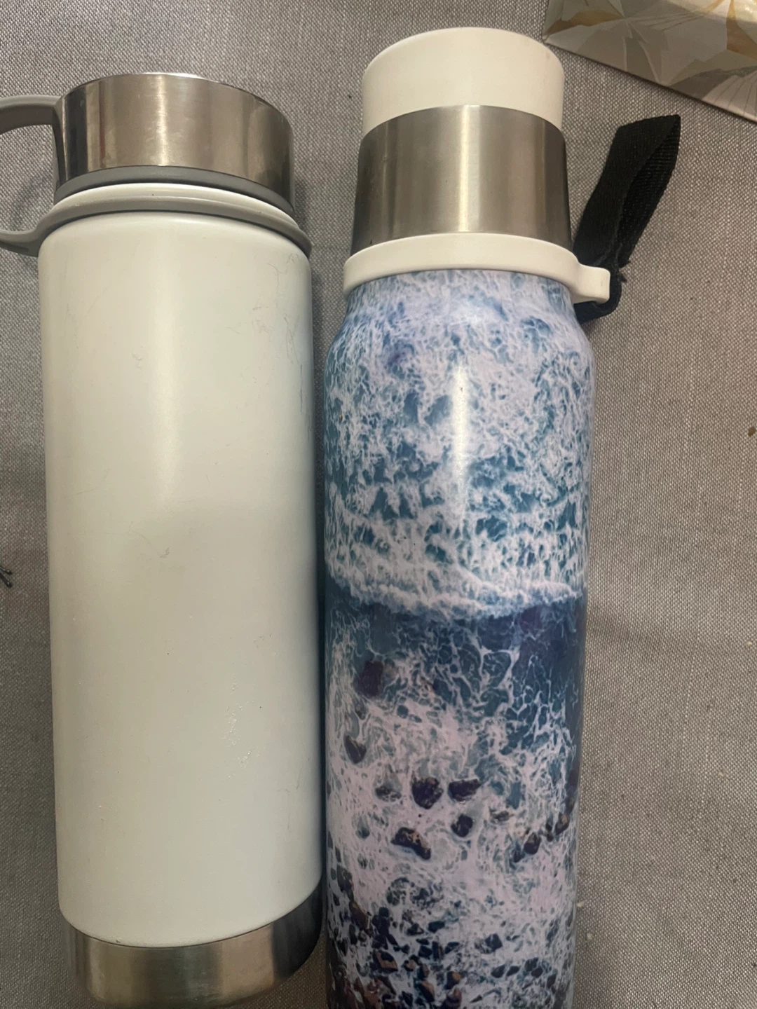 Two Water Bottles - White and Ocean Wave Design