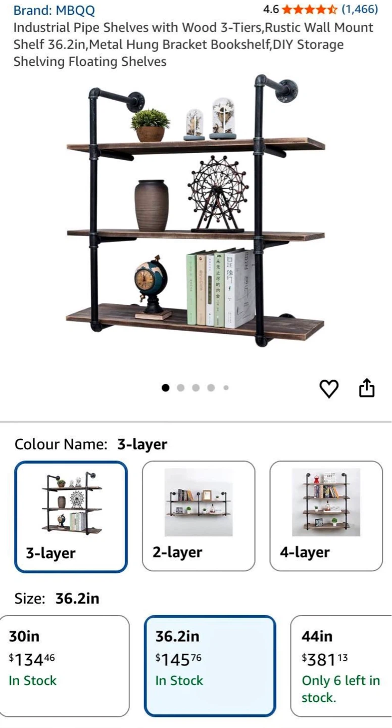 MBQQ Industrial Pipe Shelf 3-Tier Rustic Wall Mount 36.2in