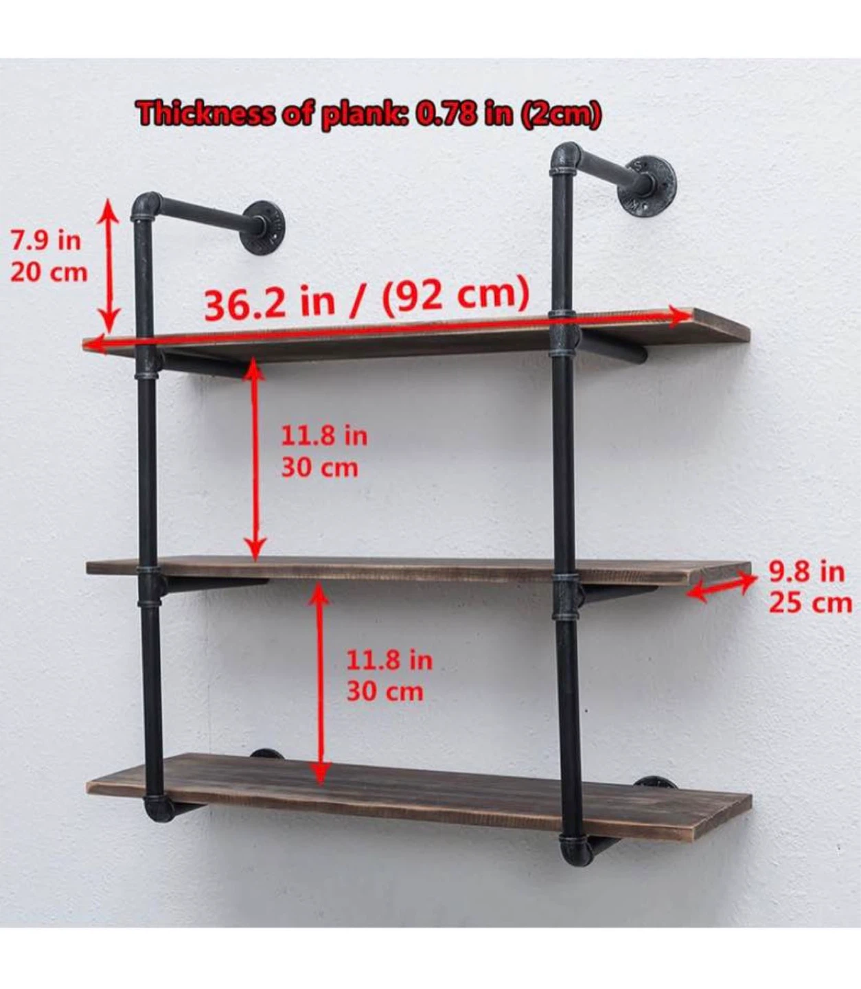 MBQQ Industrial Pipe Shelf 3-Tier Rustic Wall Mount 36.2in - photo 2