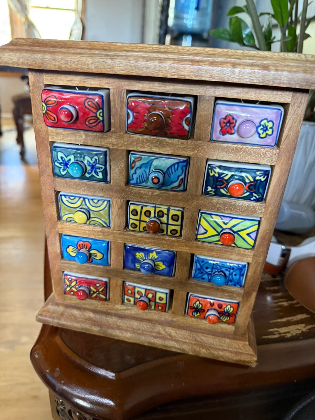 Wooden Jewelry Box with 15 Ceramic Drawers