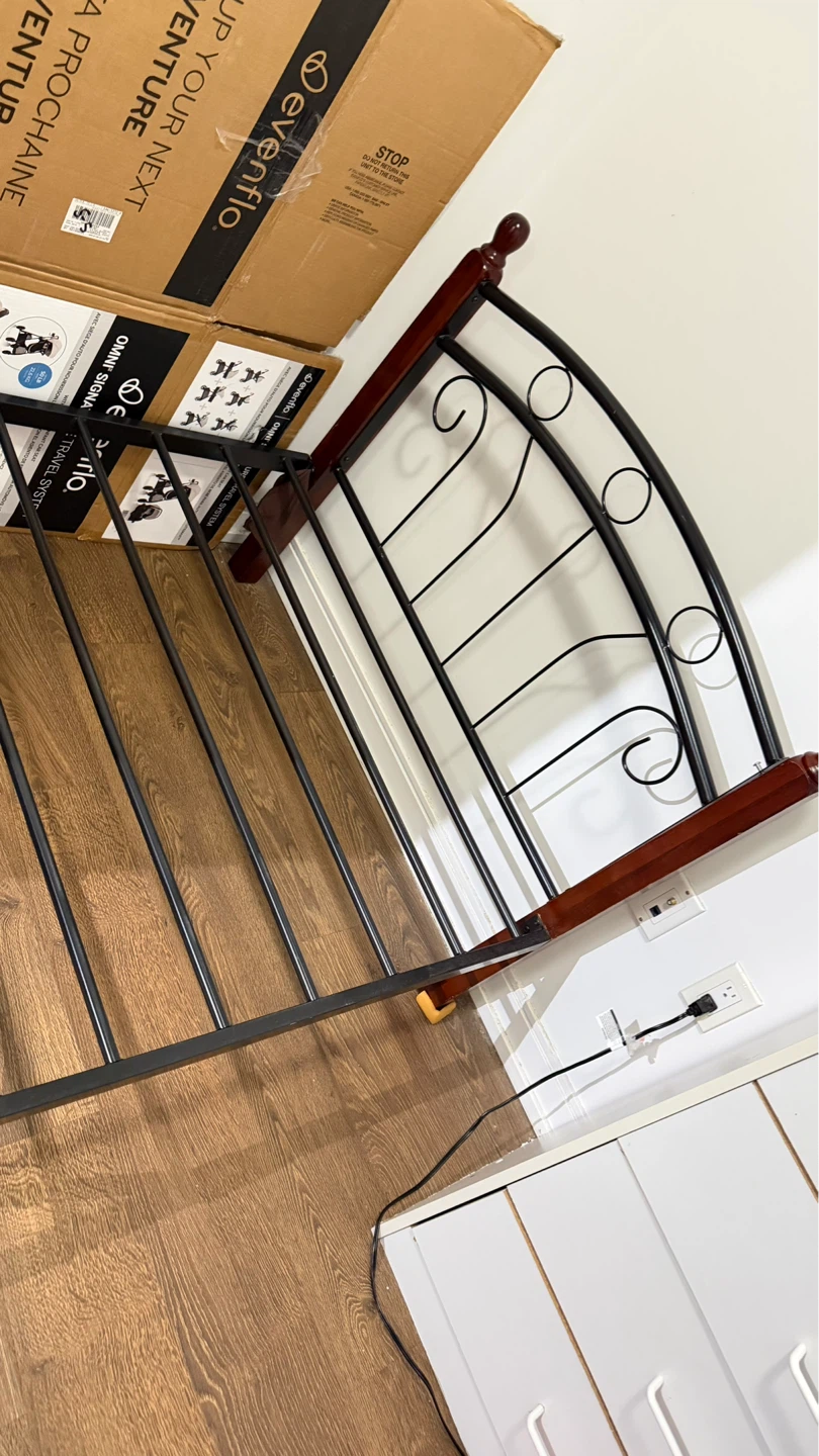Black Metal Bed Frame with Wooden Accents
