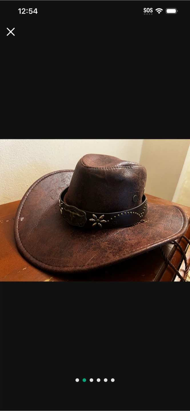 Brown Faux Leather Cowboy Hat with Western Embellishments