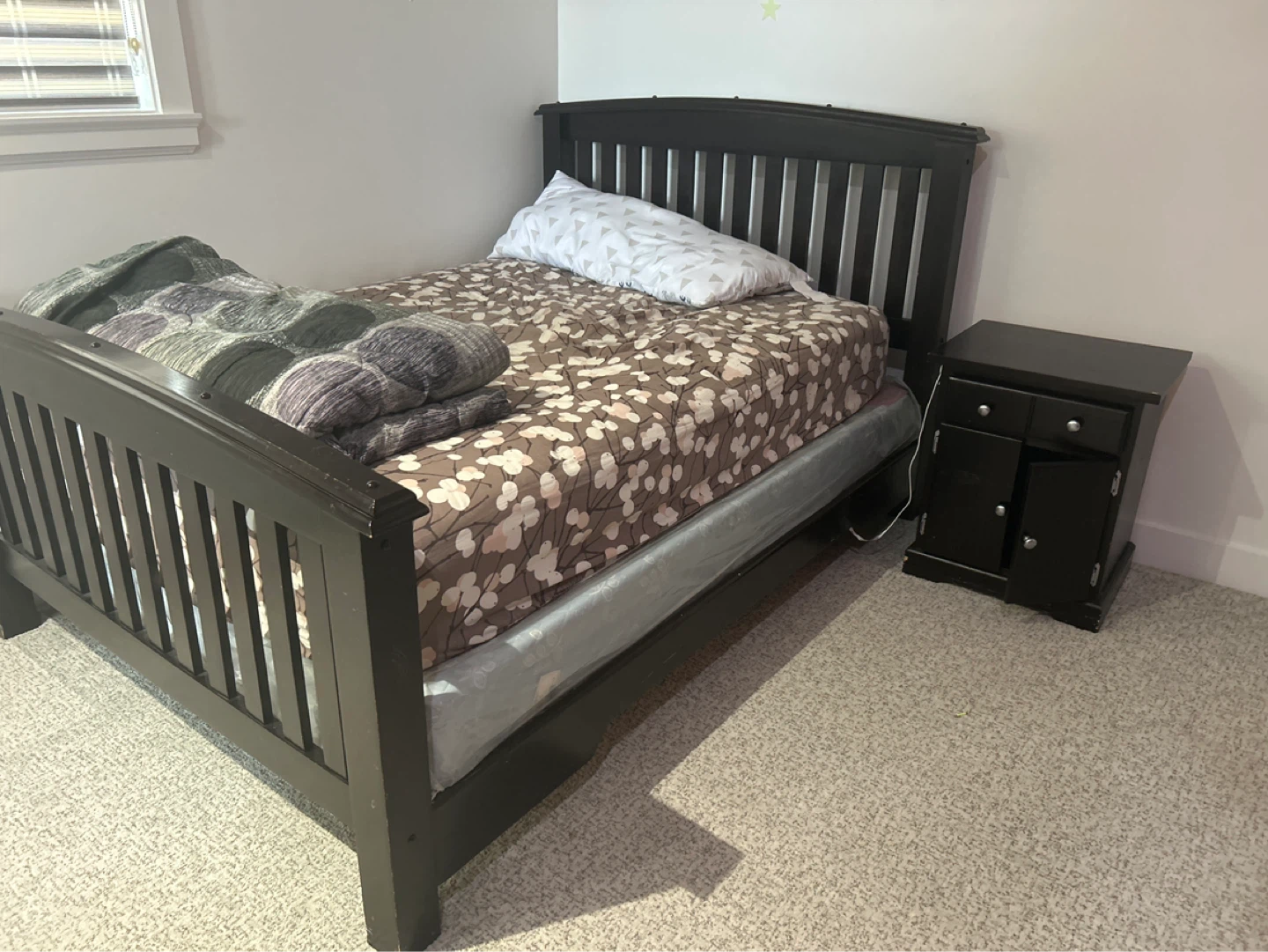 Dark Brown Wooden Bed Frame with Nightstand