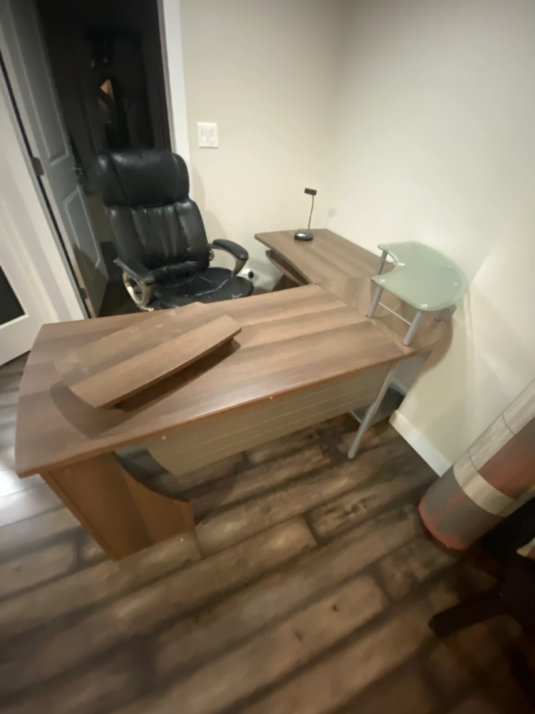 L-Shaped Wooden Desk with Glass Accent