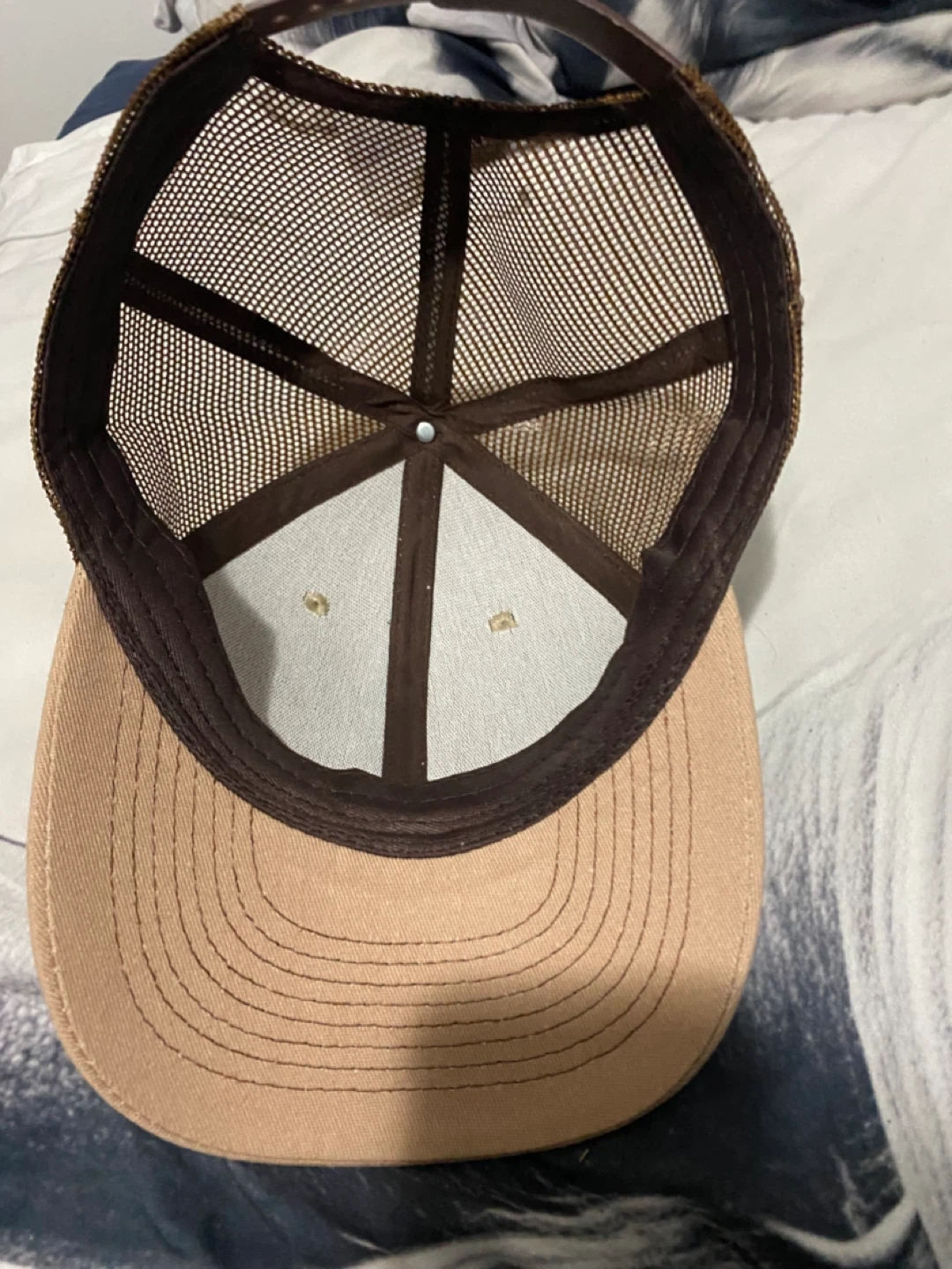 Tan and Brown Trucker Hat with Bull Skull Graphic