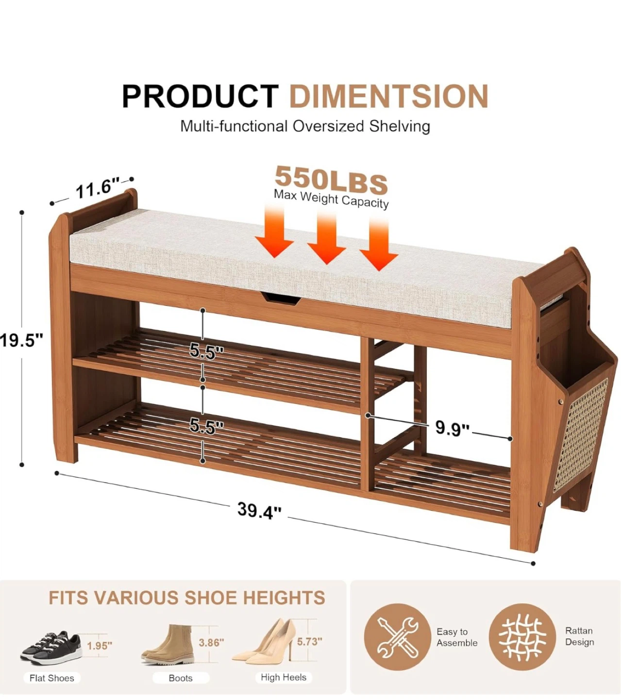 Bamboo Shoe Bench with Storage and Rattan Design - photo 2