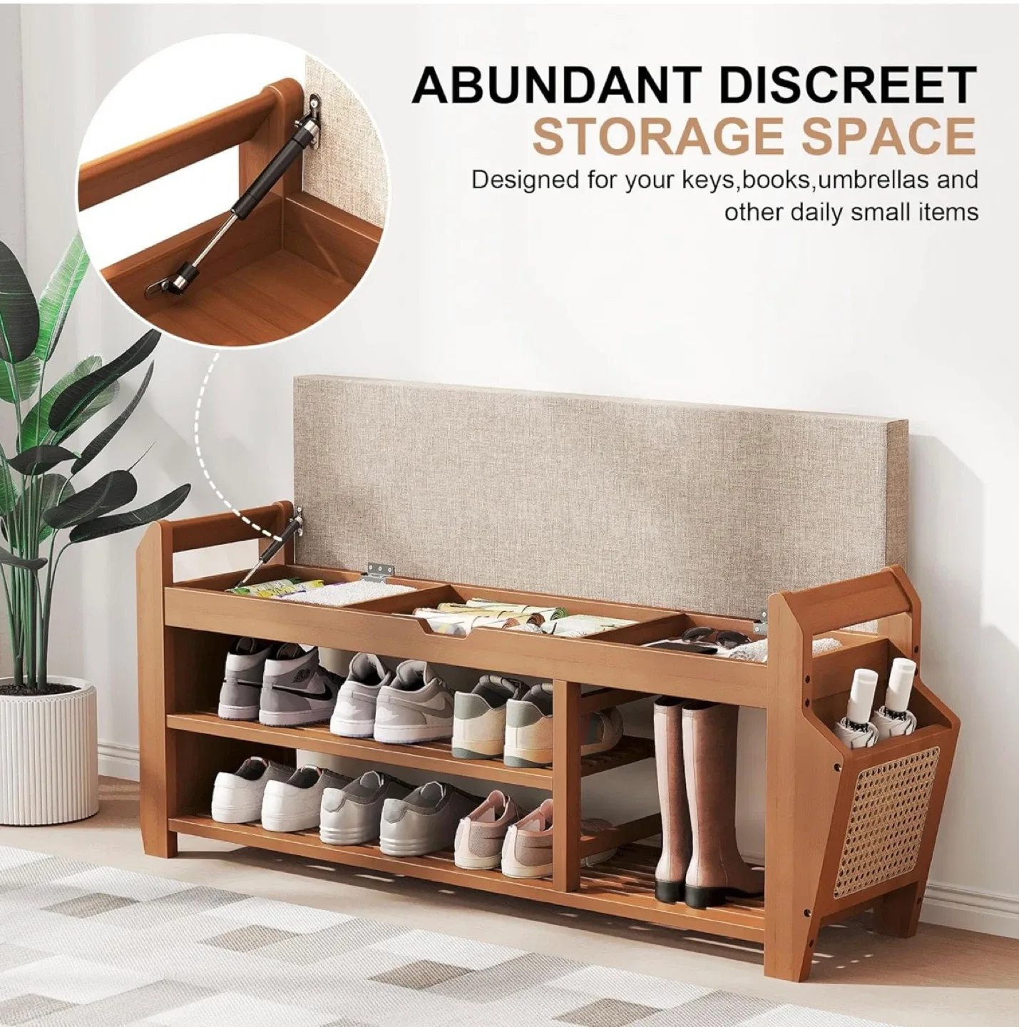 Bamboo Shoe Bench with Storage and Rattan Design - photo 3