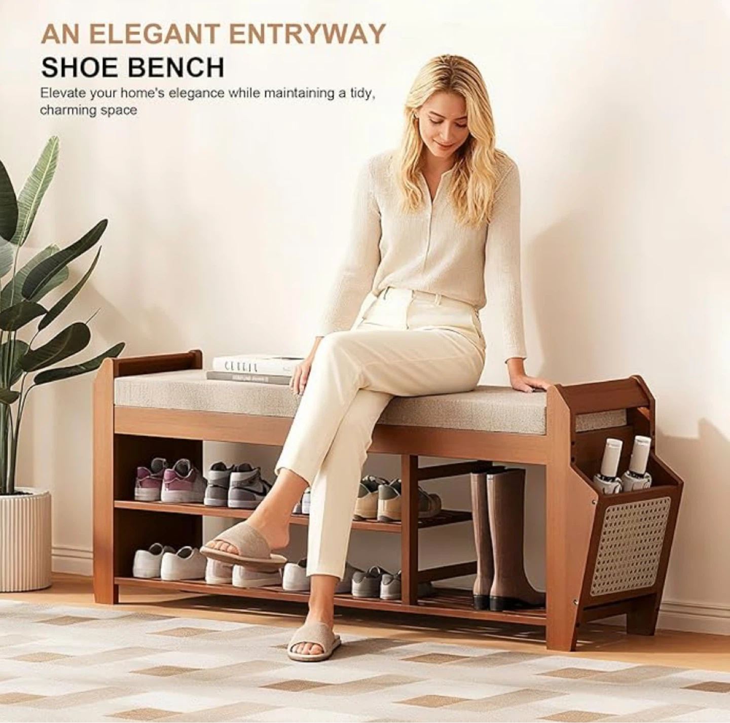 Bamboo Shoe Bench with Storage and Rattan Design - photo 4