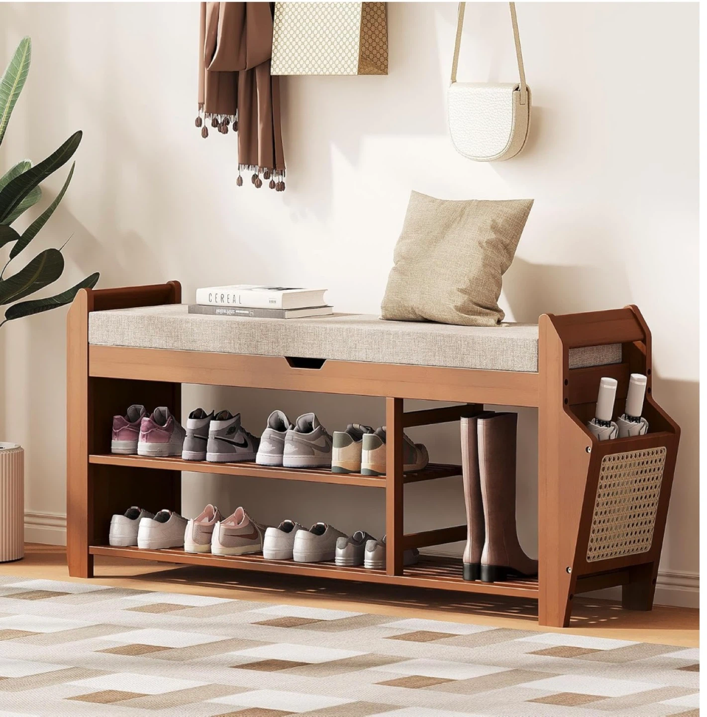 Bamboo Shoe Bench with Storage and Rattan Design