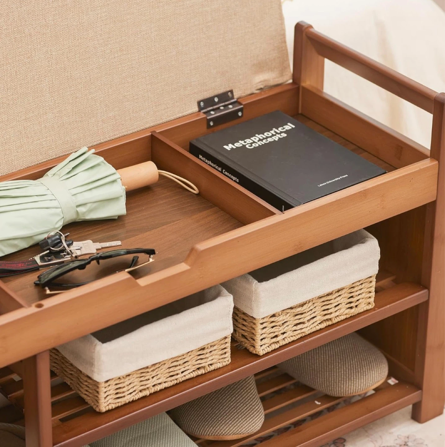 Bamboo Shoe Bench with Storage and Rattan Design - photo 5