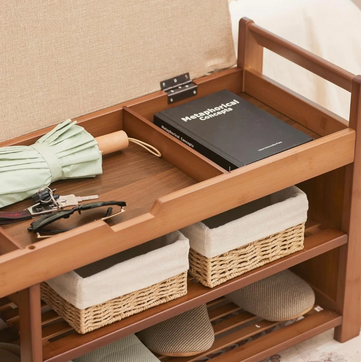 Bamboo Shoe Bench with Storage and Rattan Design - photo 5