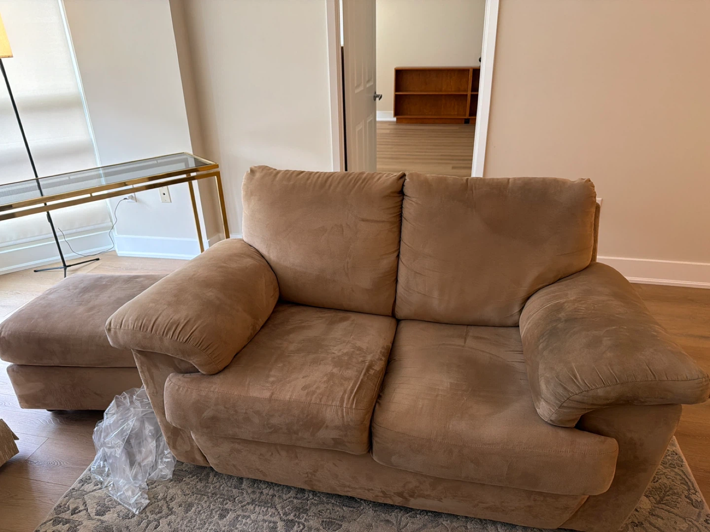 Tan Suede Loveseat with Ottoman
