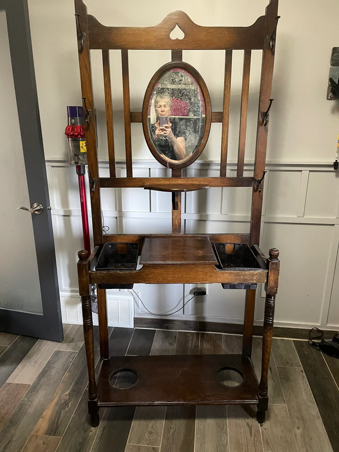Antique Wooden Hall Tree with Mirror and Umbrella Stand