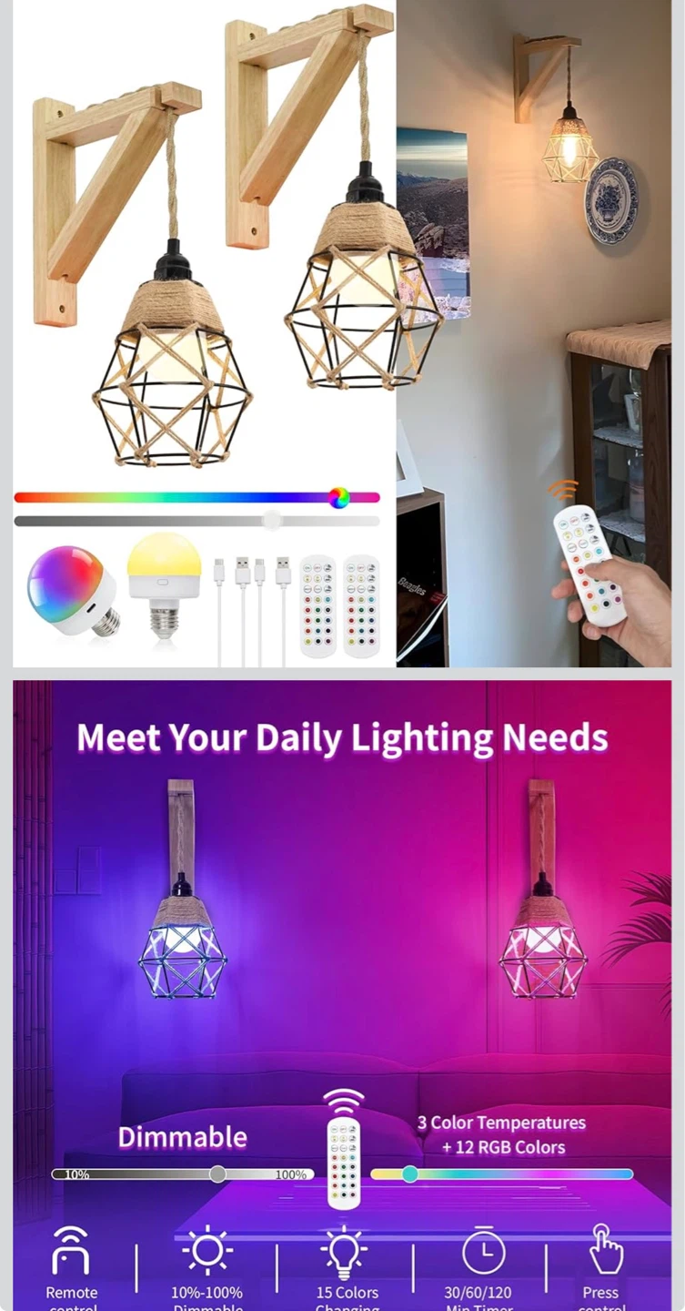 Vintage Rope Pendant Light with Remote Control
