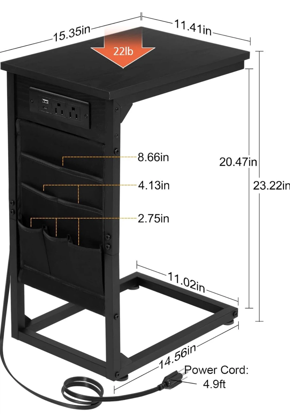 C Shaped End Table with Charging Station - Black C2E - photo 3