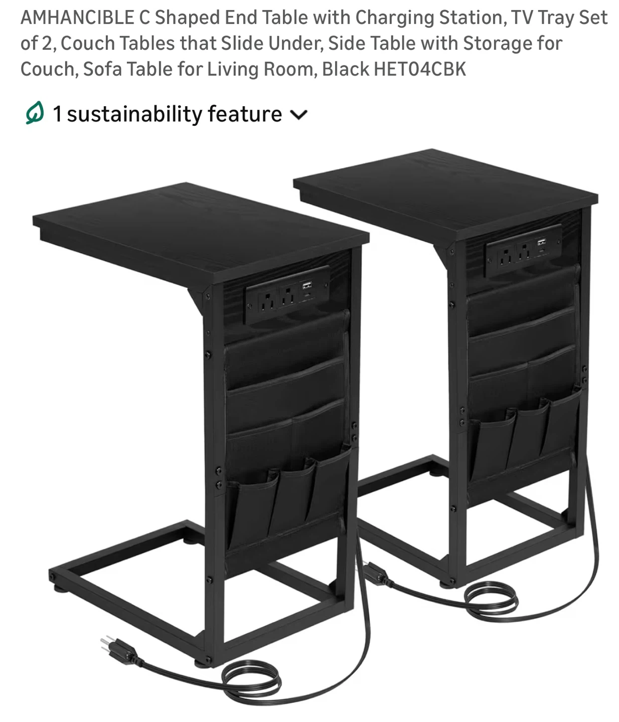 C Shaped End Table with Charging Station - Black C2E