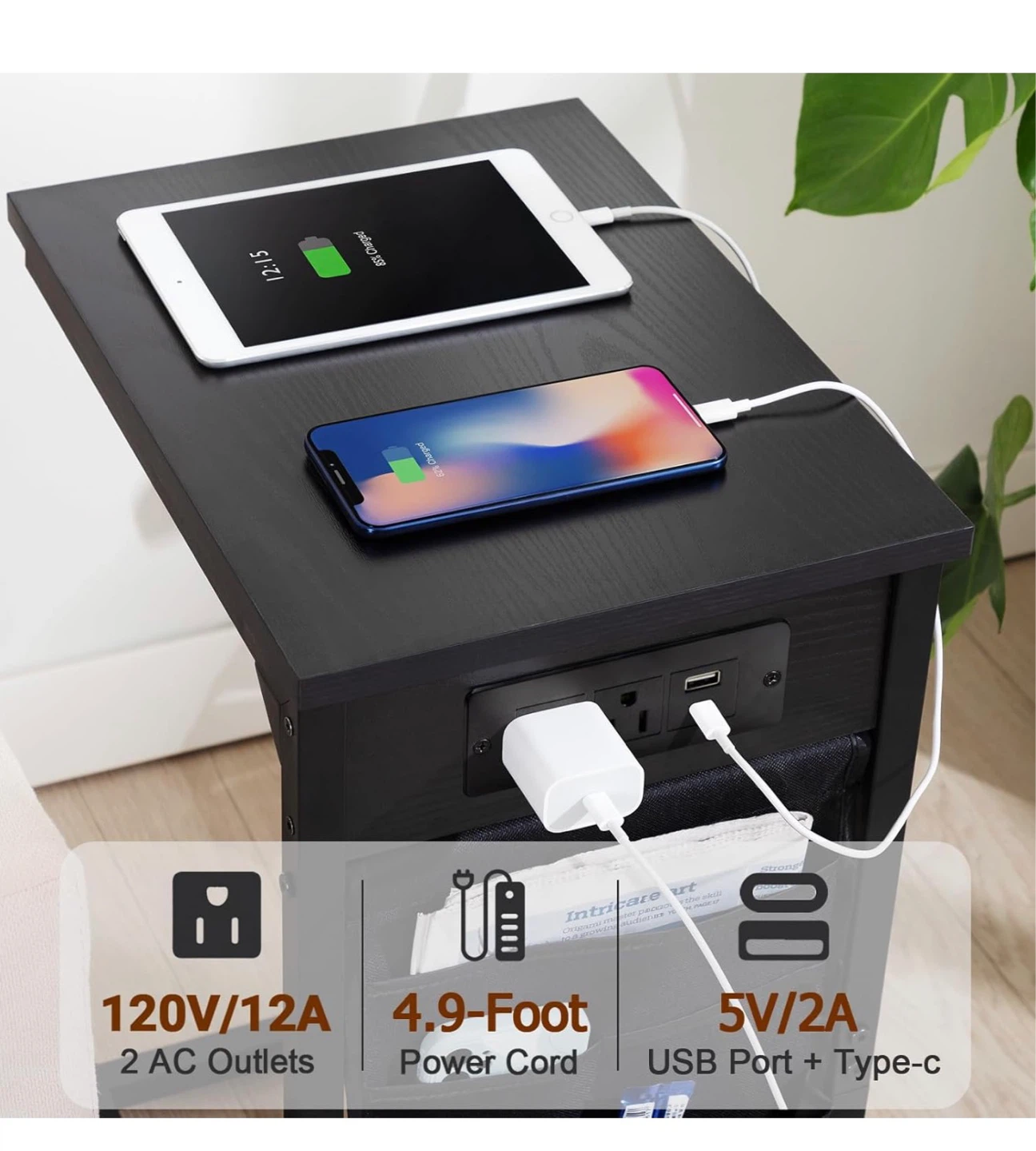 C Shaped End Table with Charging Station - Black C2E - photo 5