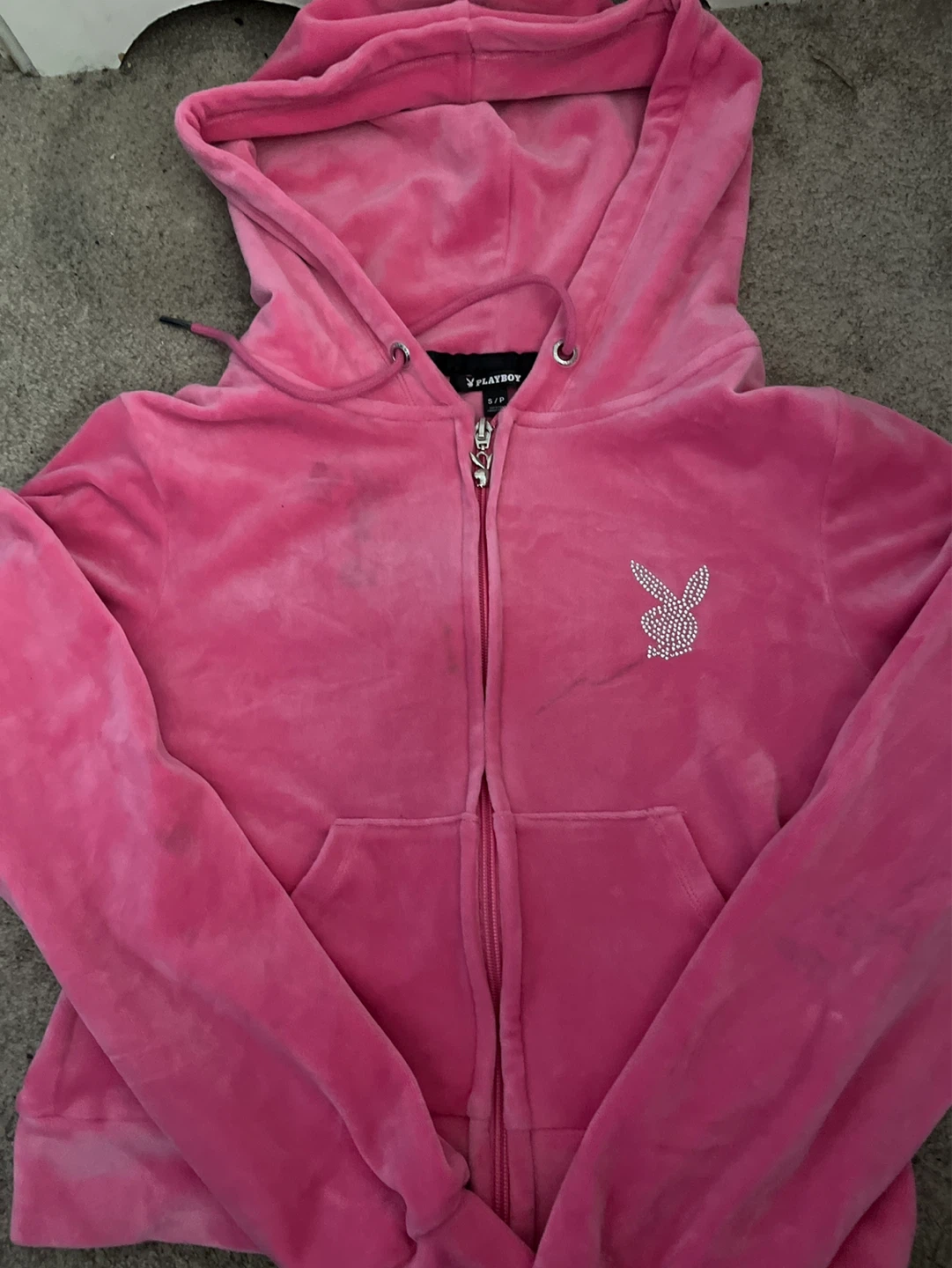Playboy Velour Zip-Up Hoodie and Rhinestone Bunny Logo Pink