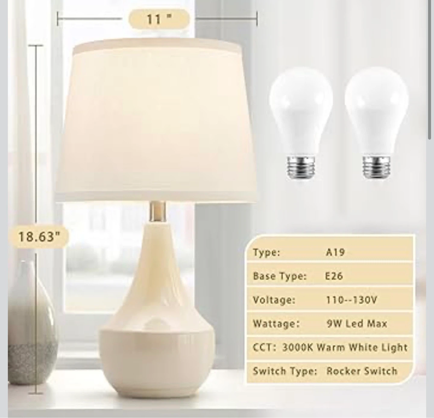 Ceramic Table Lamp Set 2 - 18.63" Cream T18 - photo 2