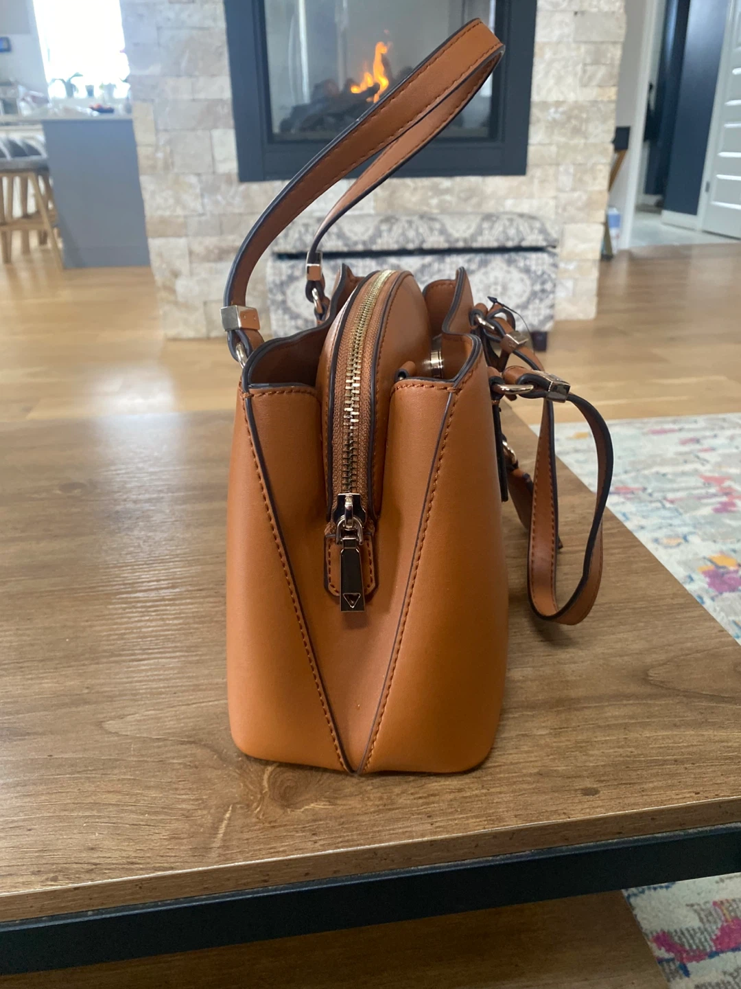 Guess Lyndi Small Girlfriend Satchel Bag - Cognac Multi - photo 2