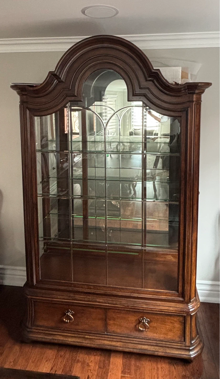 Wood Display Cabinet with Glass Doors and Drawers