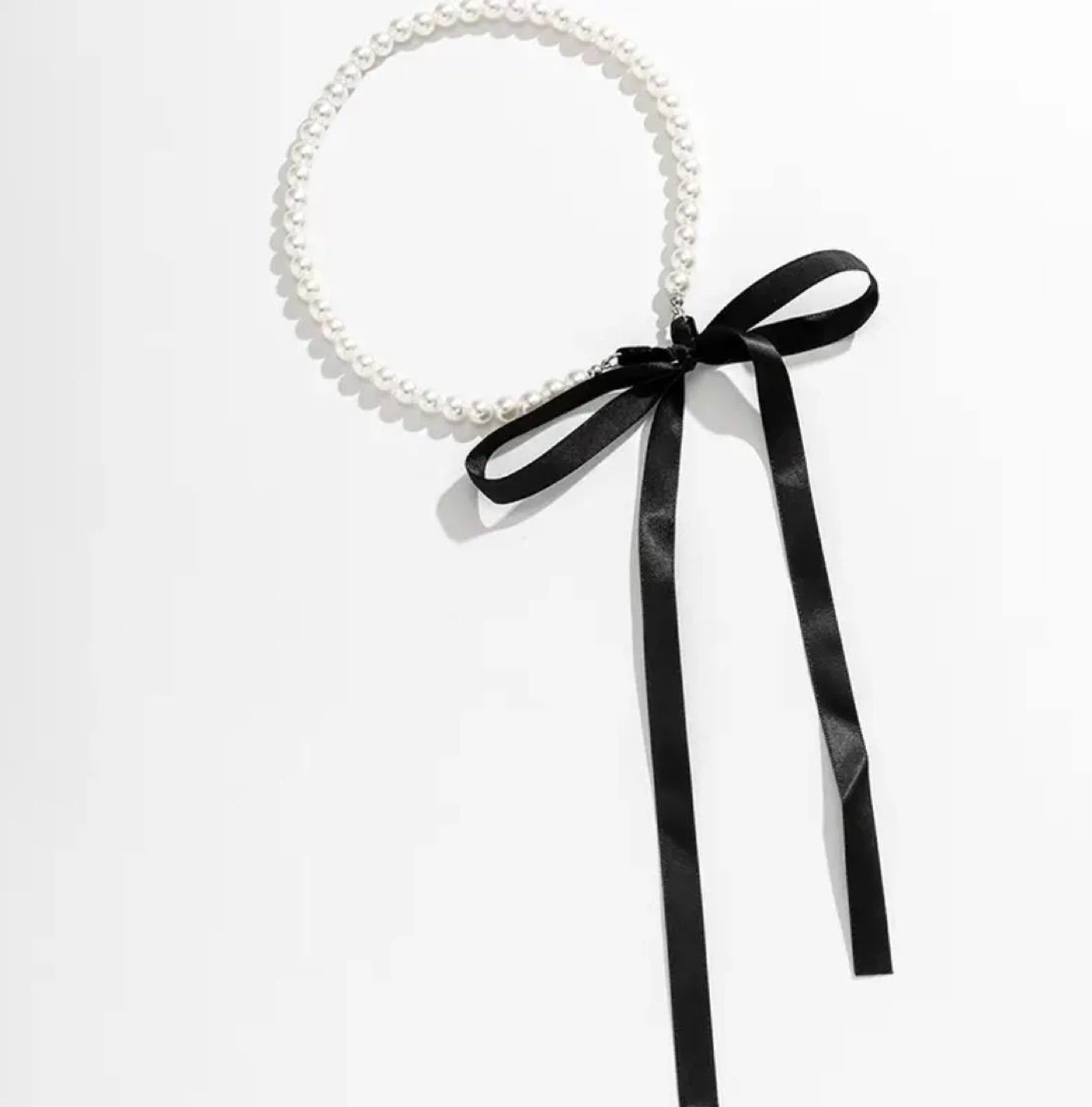 Pearl Choker Necklace with Black Ribbon Tie - photo 4