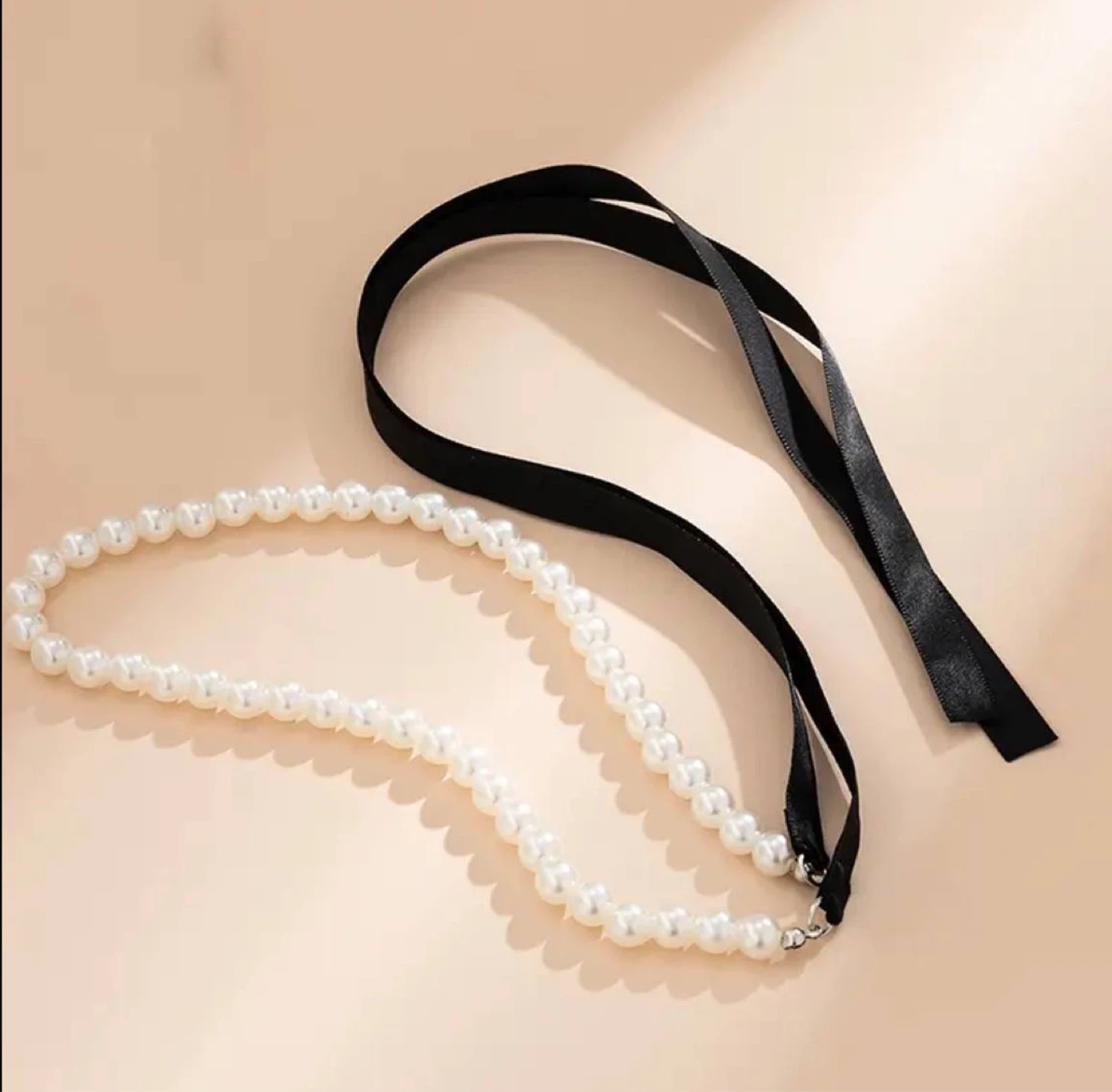 Pearl Choker Necklace with Black Ribbon Tie - photo 5
