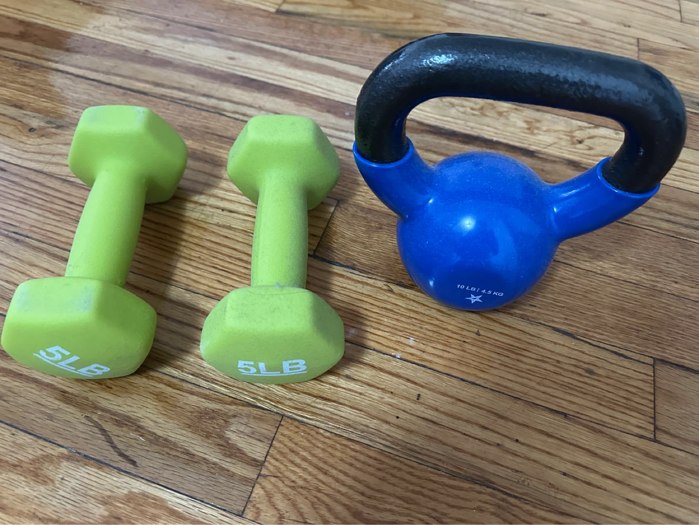 Set of 5lb Dumbbells and 10lb Kettlebell