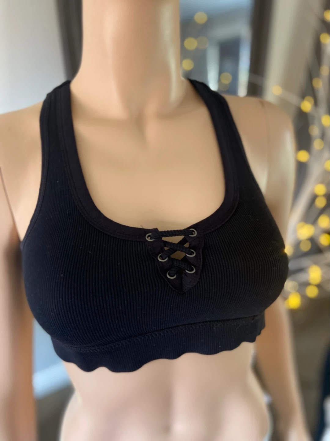 EUC Ribbed Black Sports Bra with Lace-Up Front S