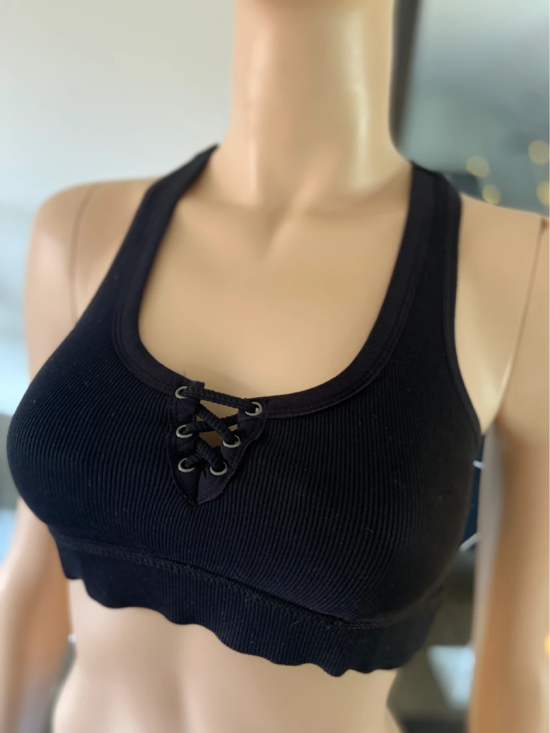 EUC Ribbed Black Sports Bra with Lace-Up Front S - photo 2