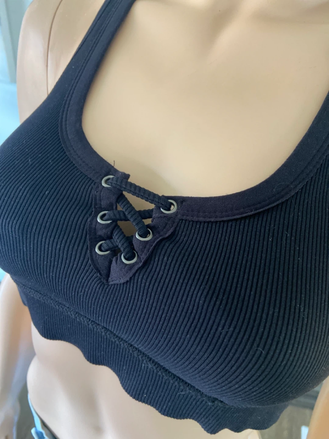EUC Ribbed Black Sports Bra with Lace-Up Front S - photo 3
