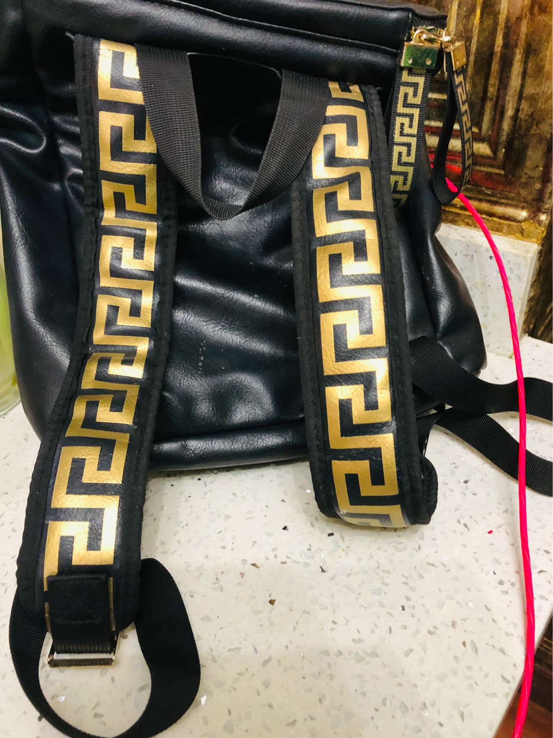 Versace Black Leather Backpack with Gold Greek Key Accent - photo 3