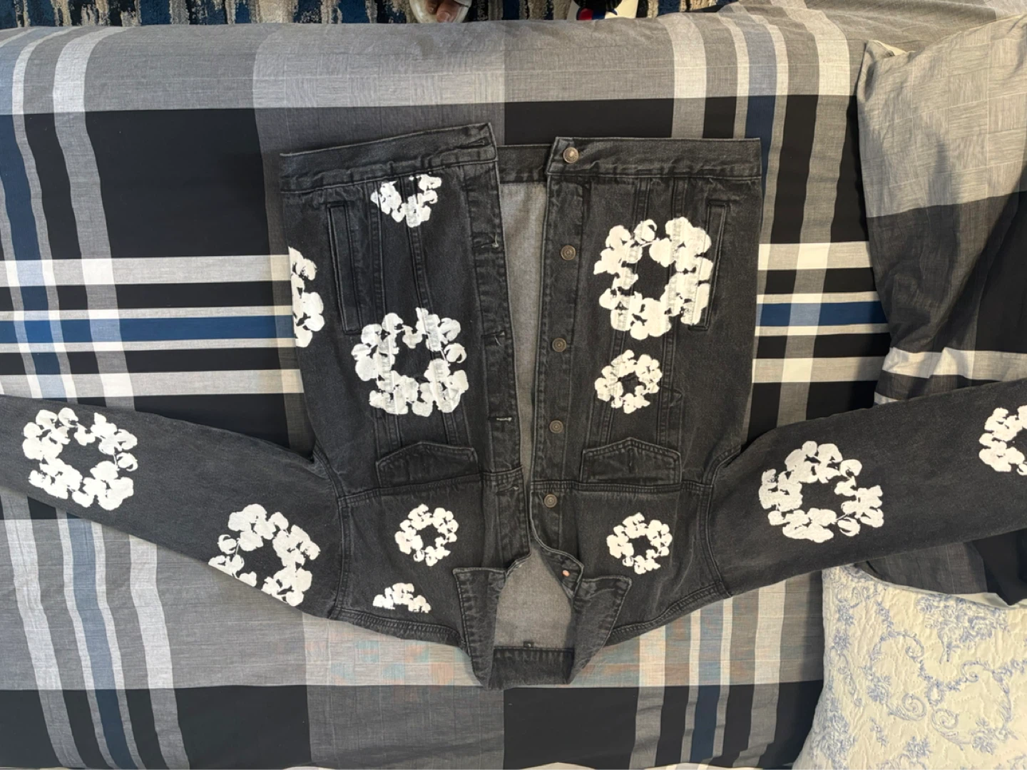 Denim Jacket with White Flower Print