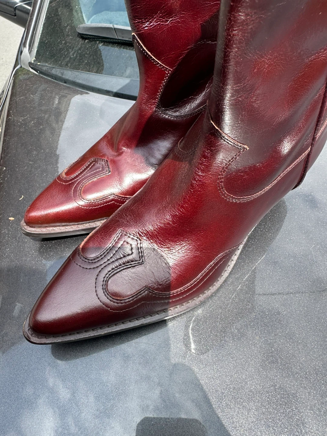 ZARA Leather Cowboy Boots Burgundy Women's Size 38