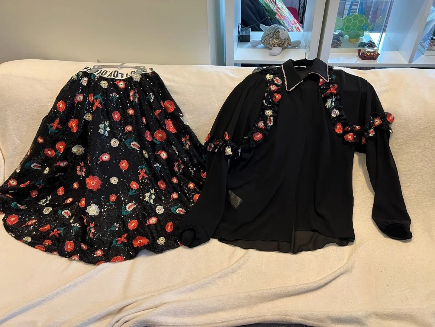Black sequined floral skirt and blouse set