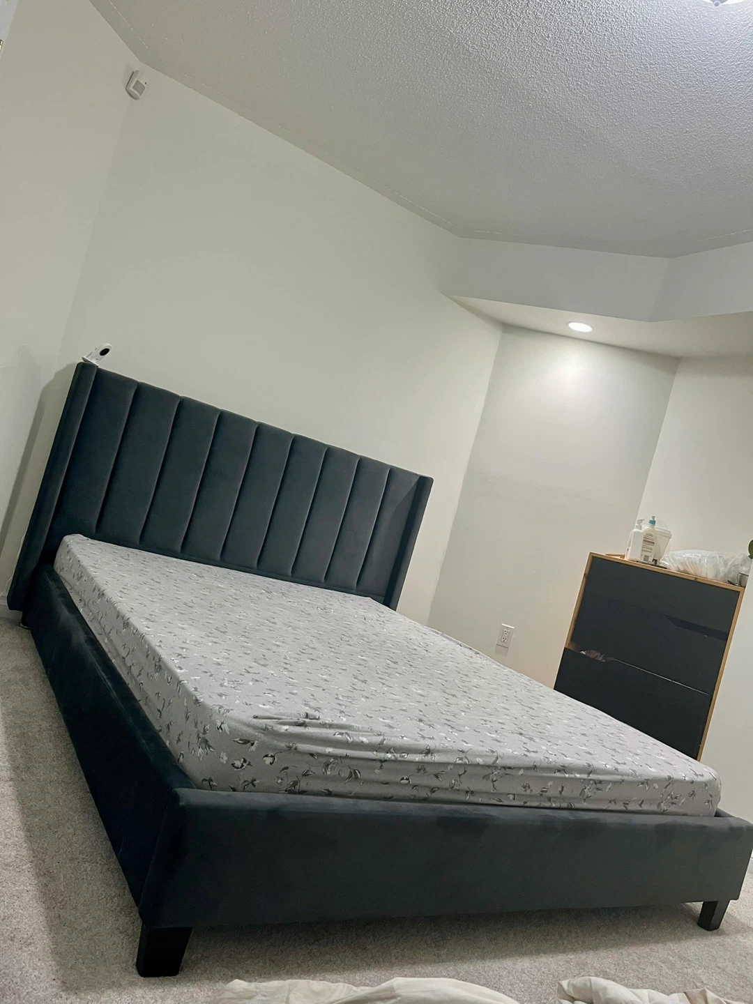 Dark Grey Velvet Bed Frame with Tall Headboard attached - photo 5