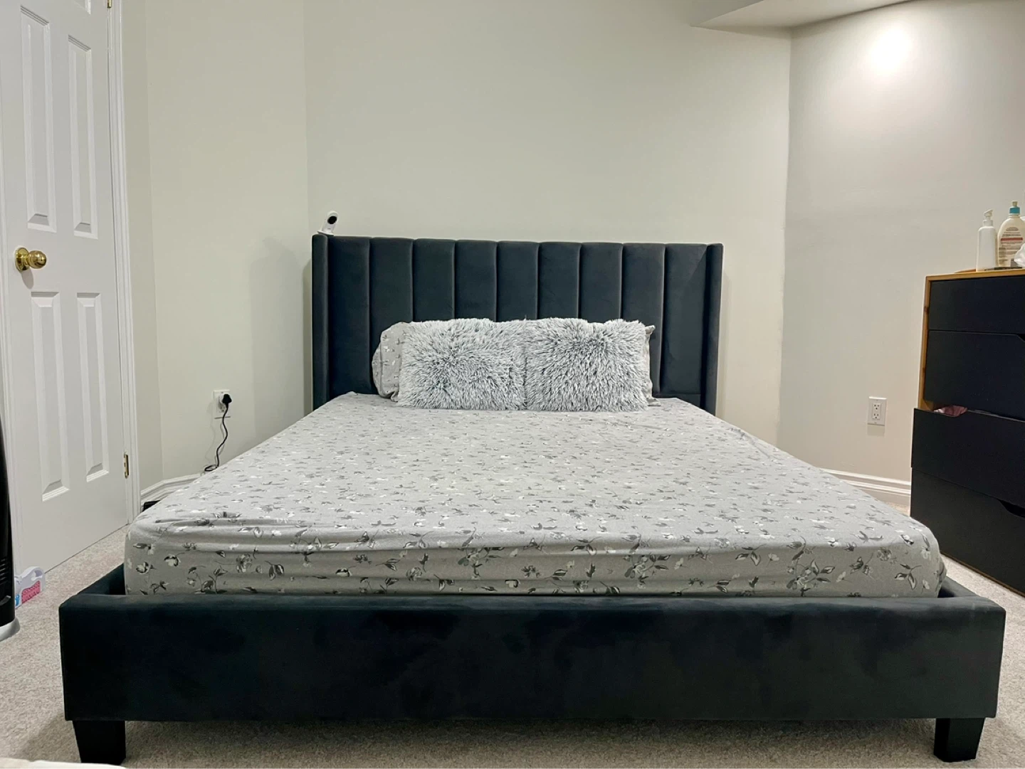 Dark Grey Velvet Bed Frame with Tall Headboard attached - photo 2
