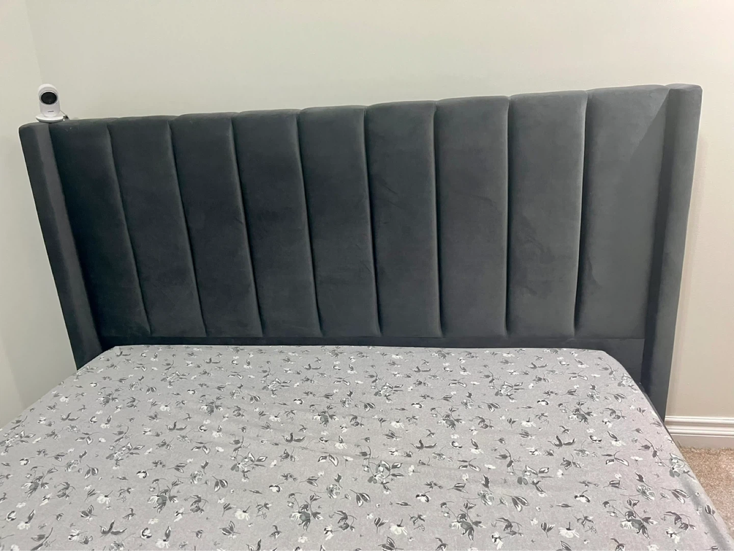 Dark Grey Velvet Bed Frame with Tall Headboard attached - photo 4
