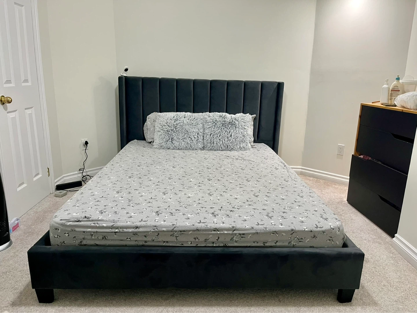 Dark Grey Velvet Bed Frame with Tall Headboard attached - photo 3
