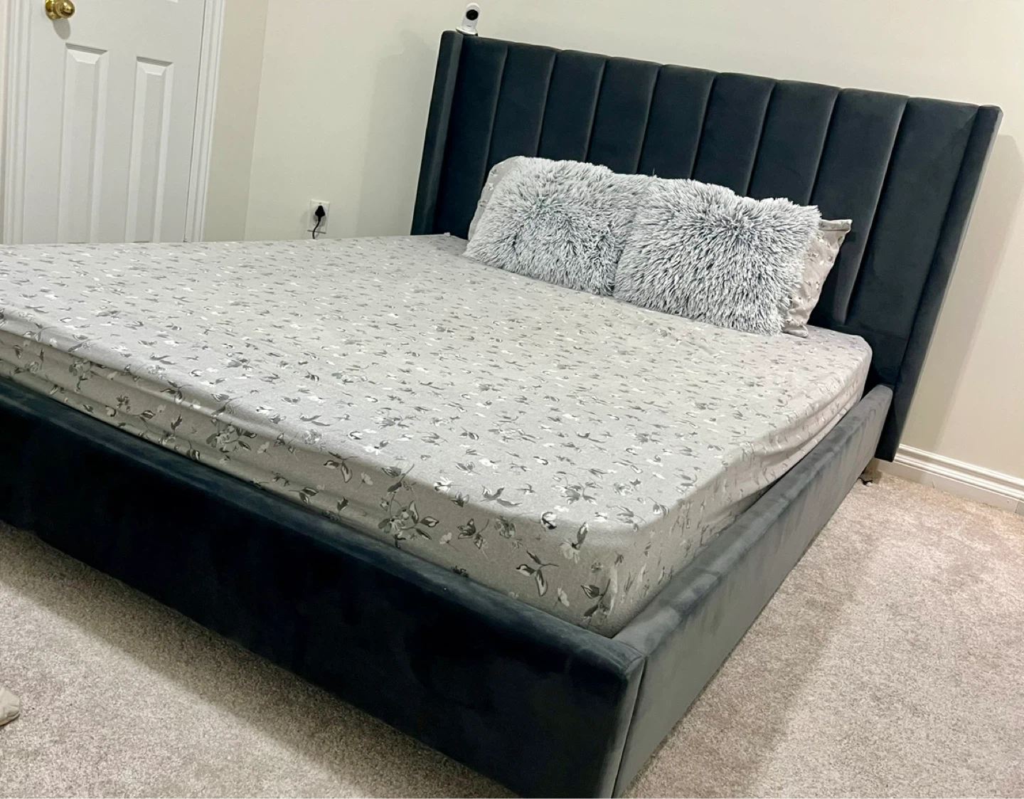 Dark Grey Velvet Bed Frame with Tall Headboard attached